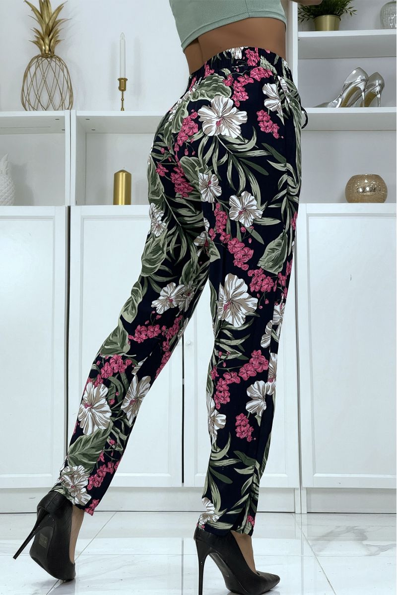 Pantalon fluide marine à motif floral B-21 - 3