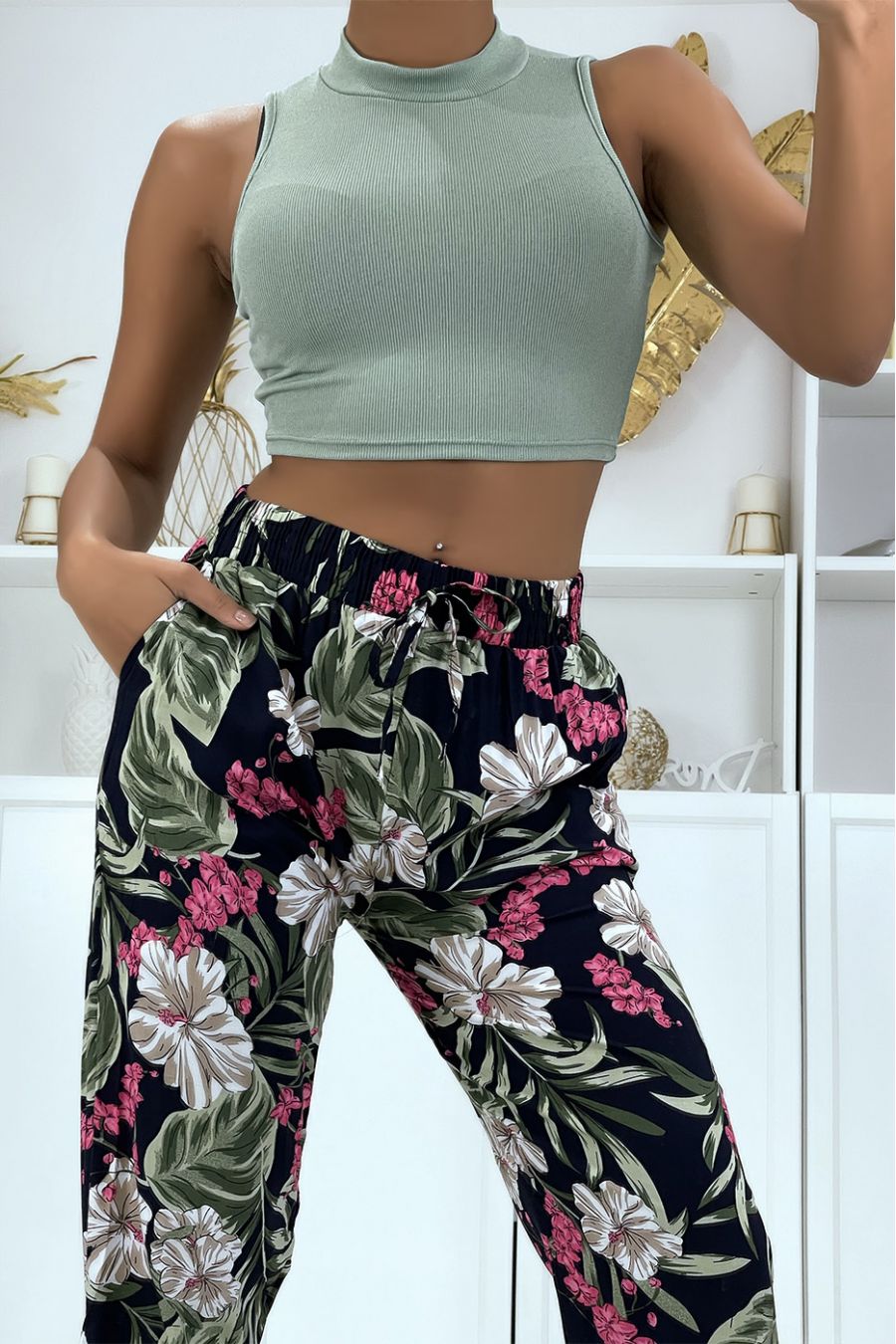 Fluid navy pants with floral pattern B-21 - 4