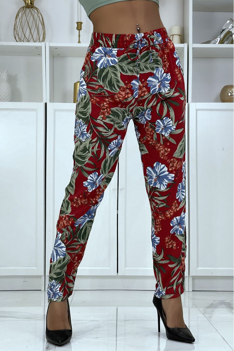 Flowing burgundy pants with floral pattern B-21 - 1