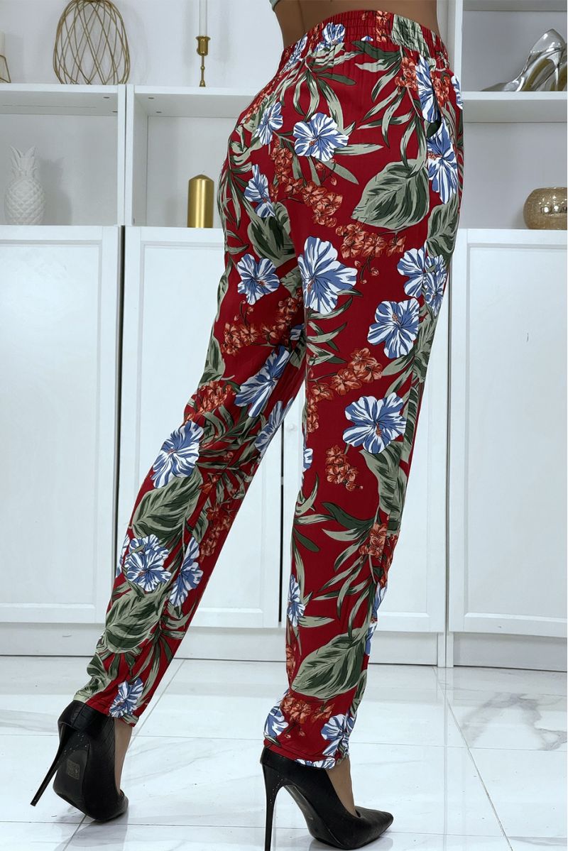 Flowing burgundy pants with floral pattern B-21 - 4