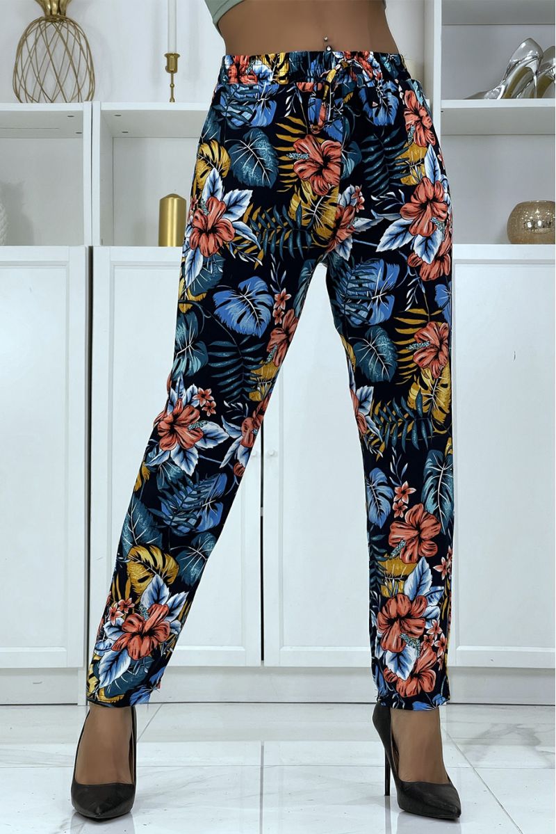 Fluid navy pants with floral pattern B-29 - 1