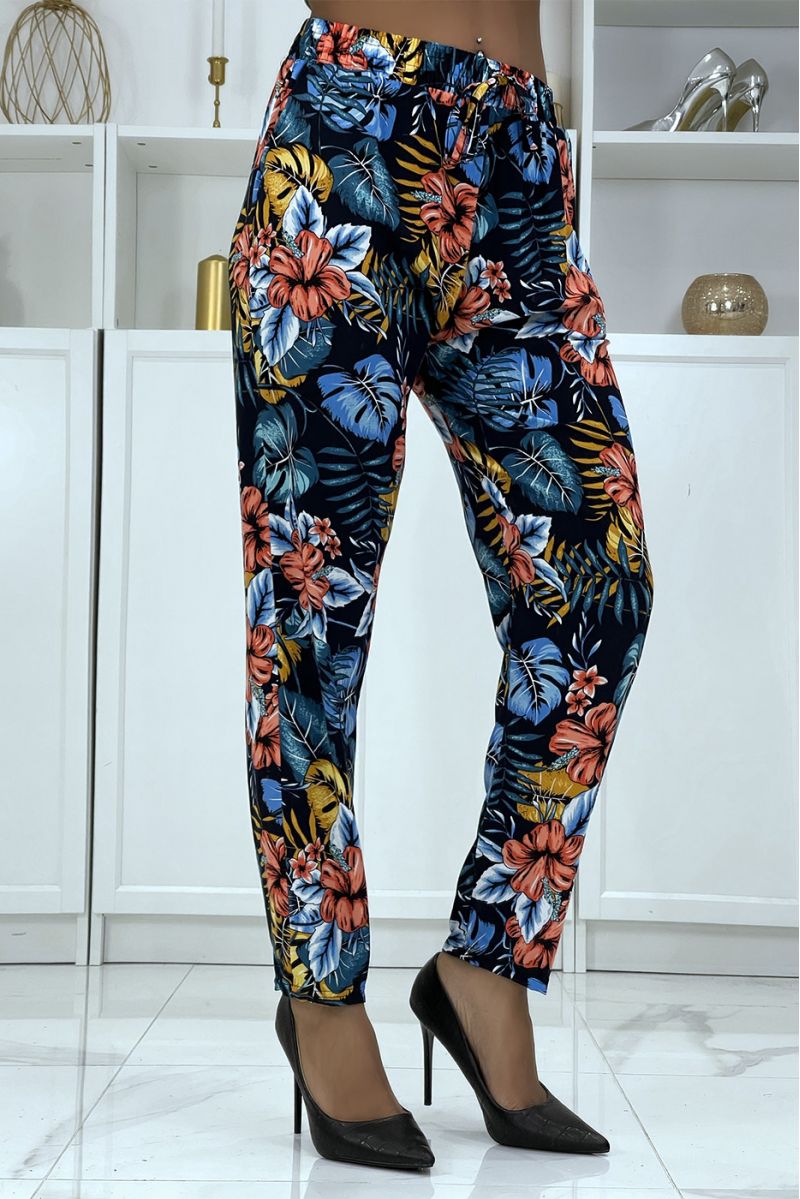 Fluid navy pants with floral pattern B-29 - 2