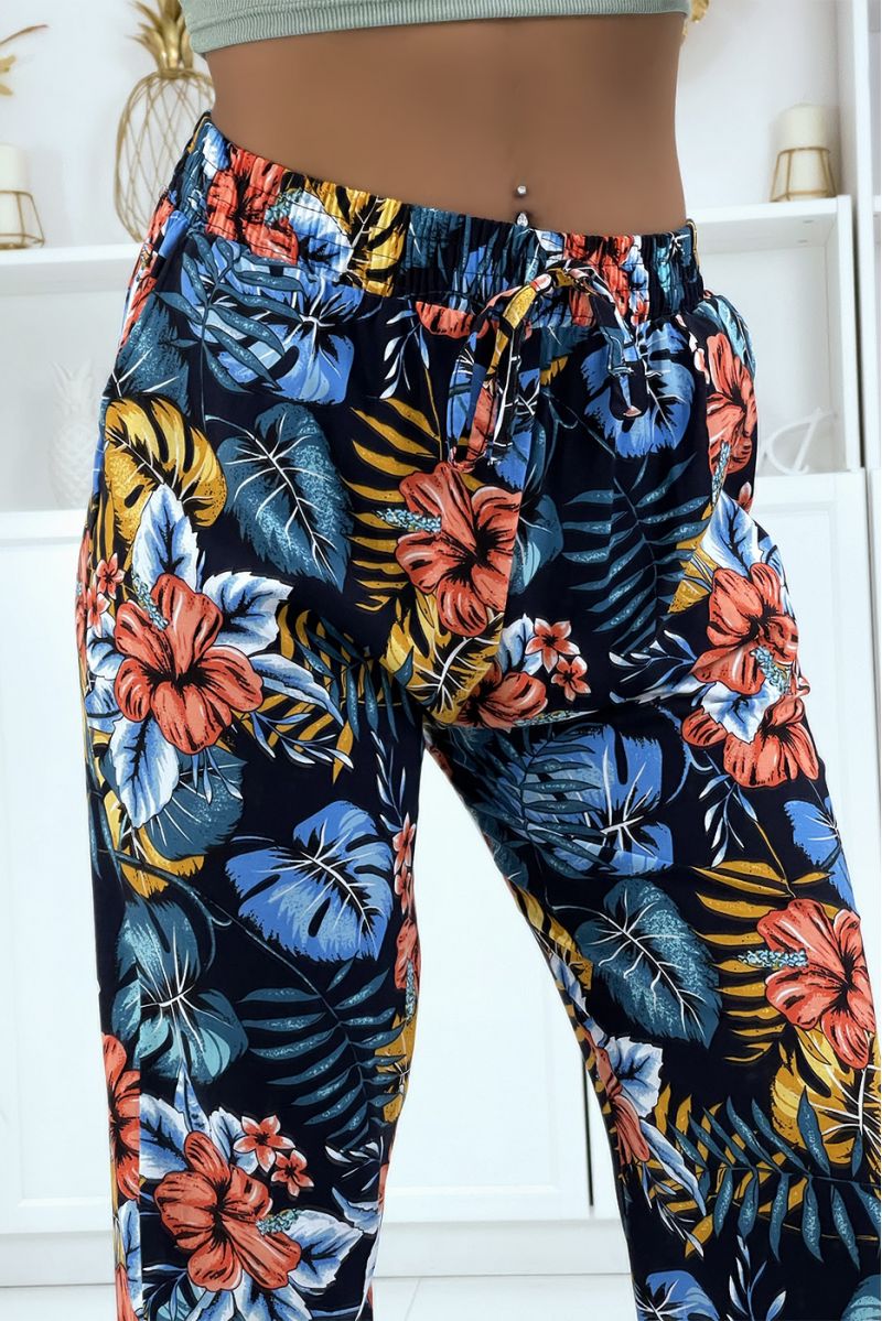 Fluid navy pants with floral pattern B-29 - 3
