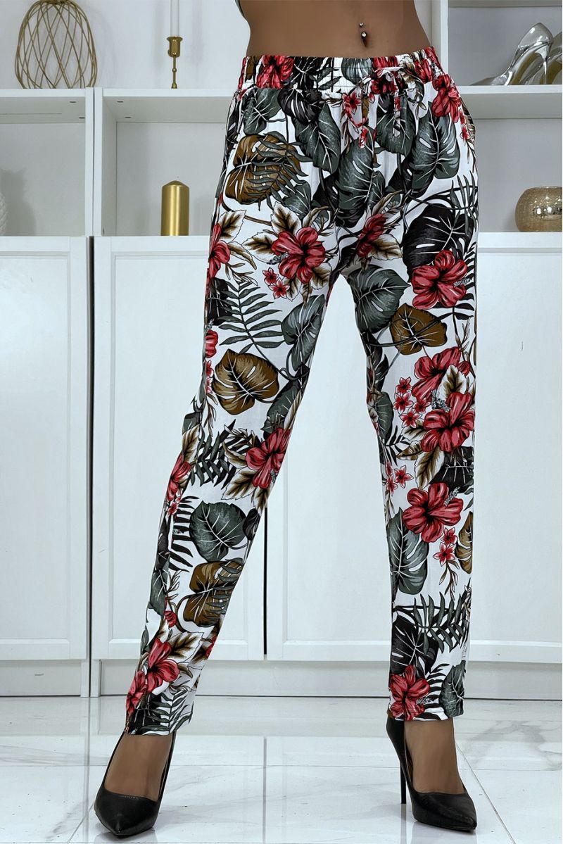 White flowing pants with floral pattern B-29 - 1