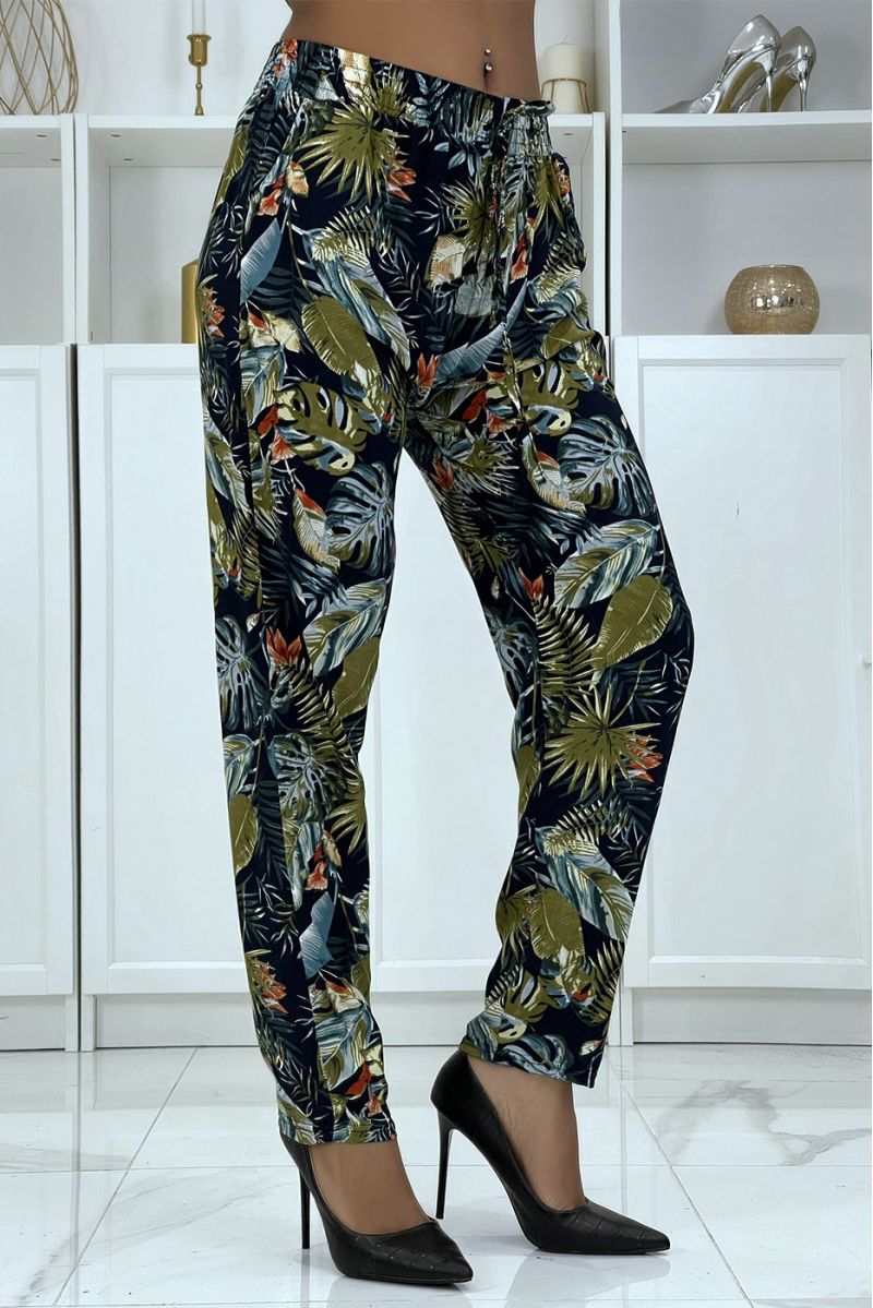 Fluid navy pants with floral pattern B-23 - 2