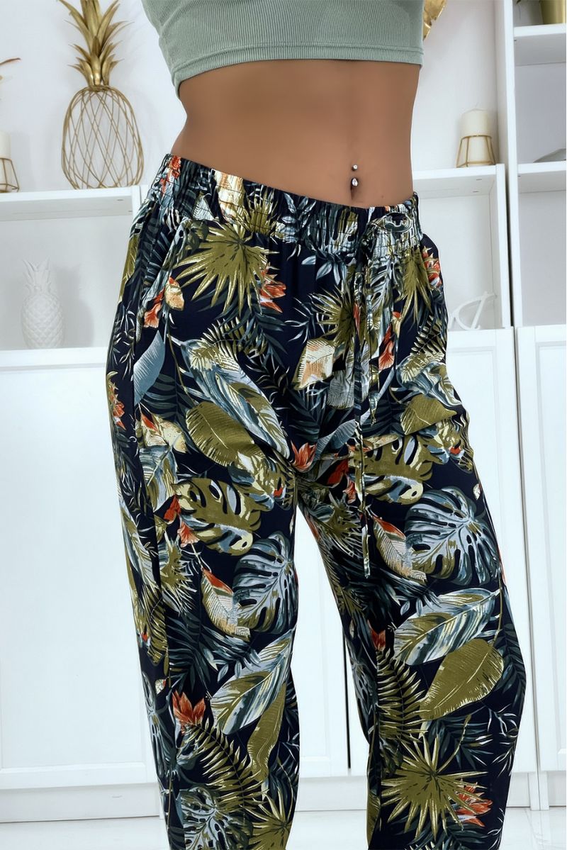 Fluid navy pants with floral pattern B-23 - 3