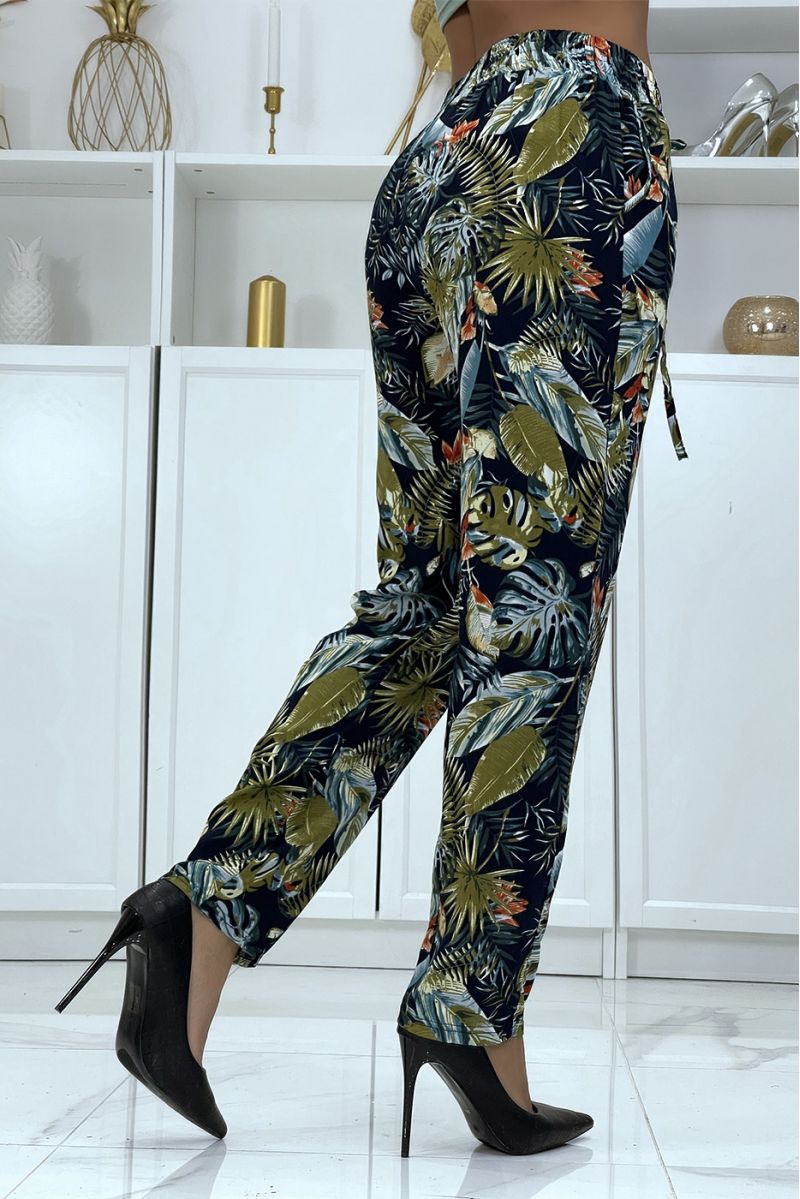 Fluid navy pants with floral pattern B-23 - 4