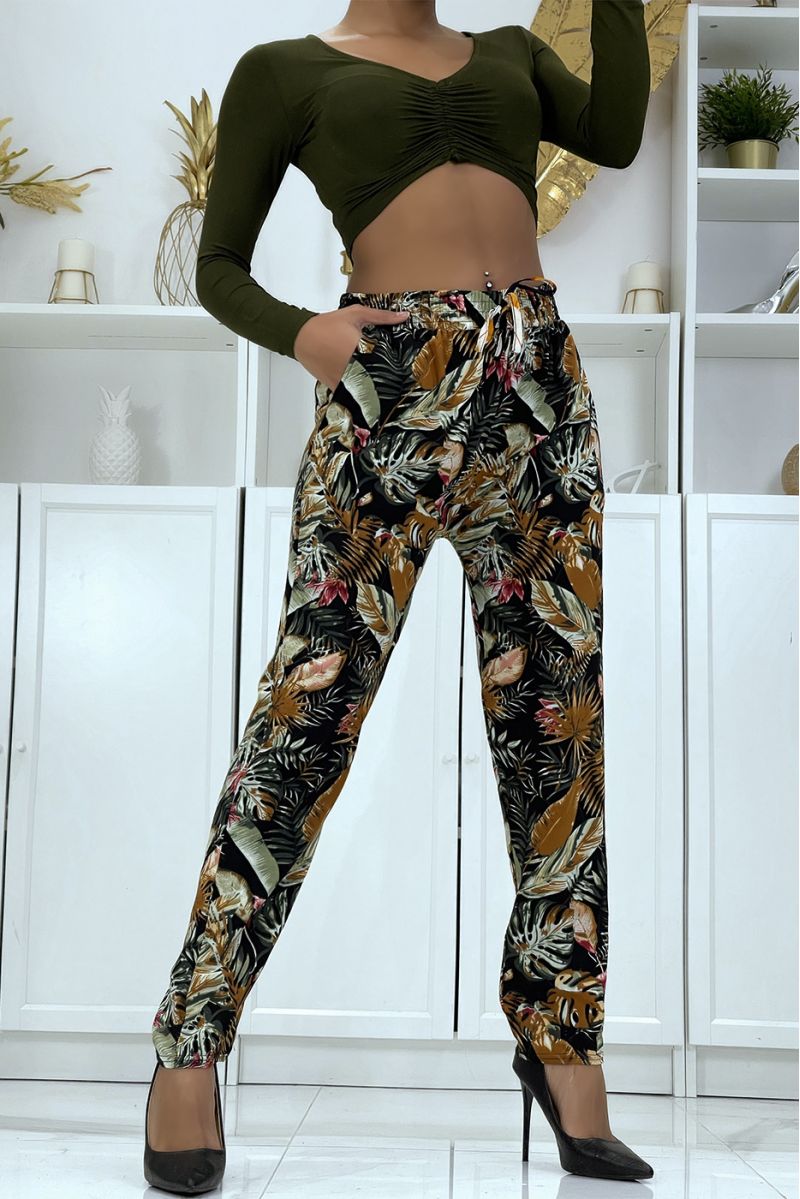 B-23 black flowing pants with floral pattern - 1