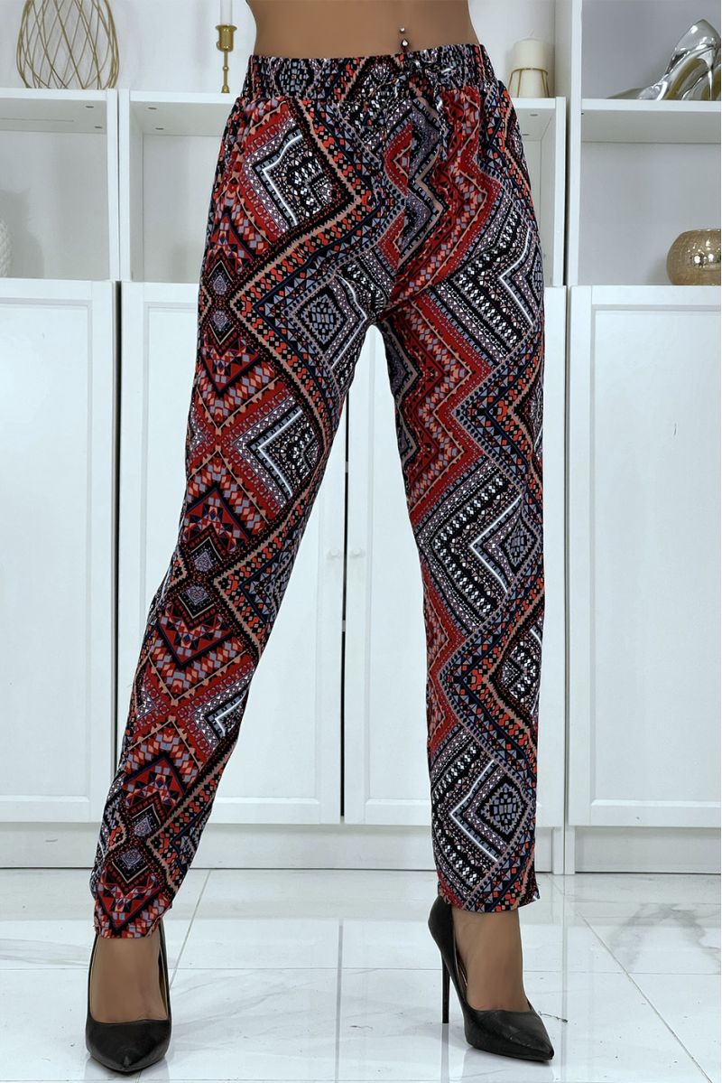 Navy/red flowing pants with floral pattern B-55 - 1