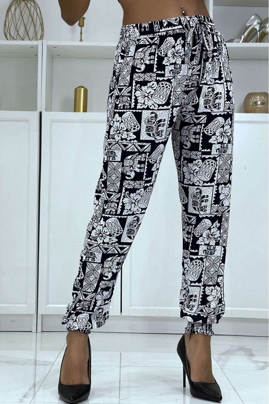 Fluid navy pants with ethnic pattern A-21 - 1