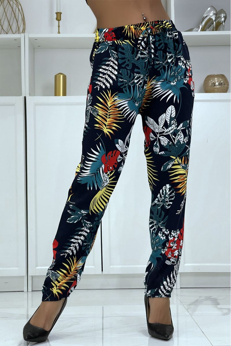 Flowy navy pants with floral pattern B-5 - 1