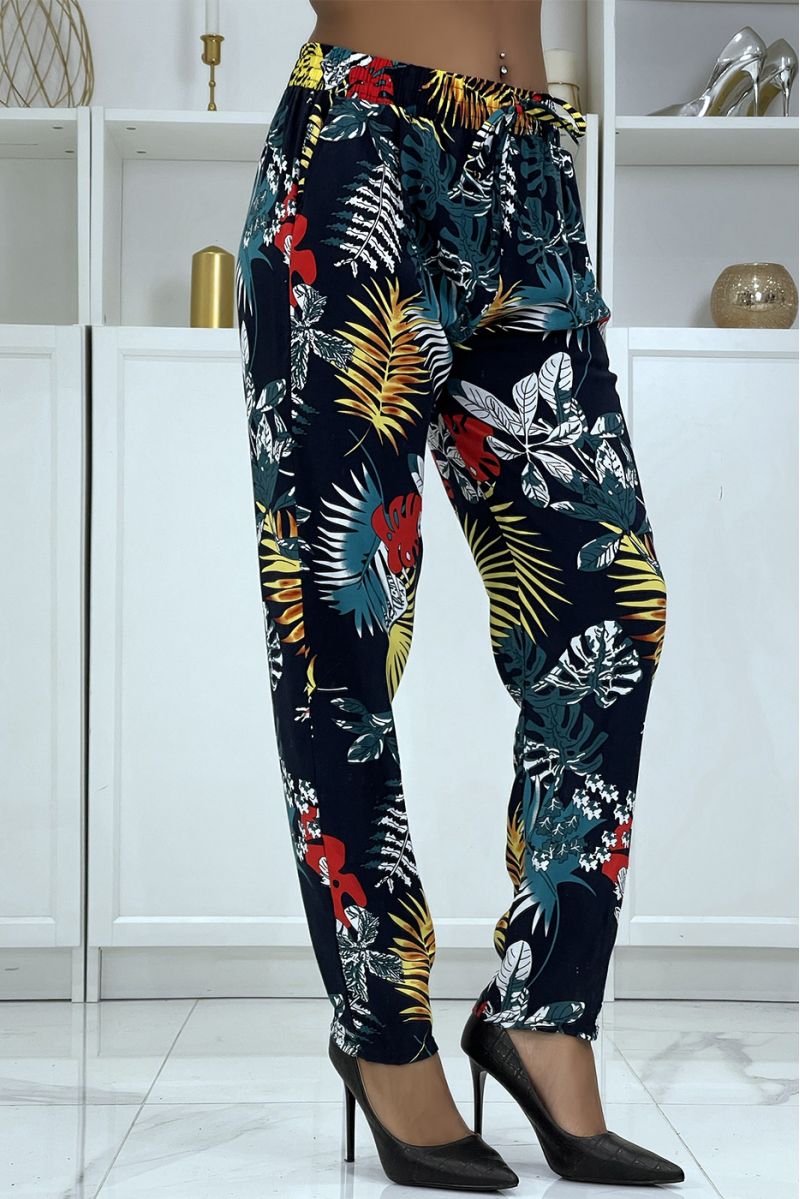 Flowy navy pants with floral pattern B-5 - 2