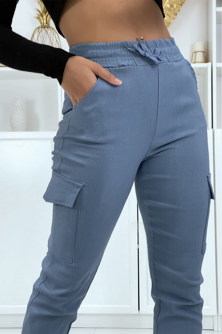 Blue stretch cargo pants HL-478 - 4