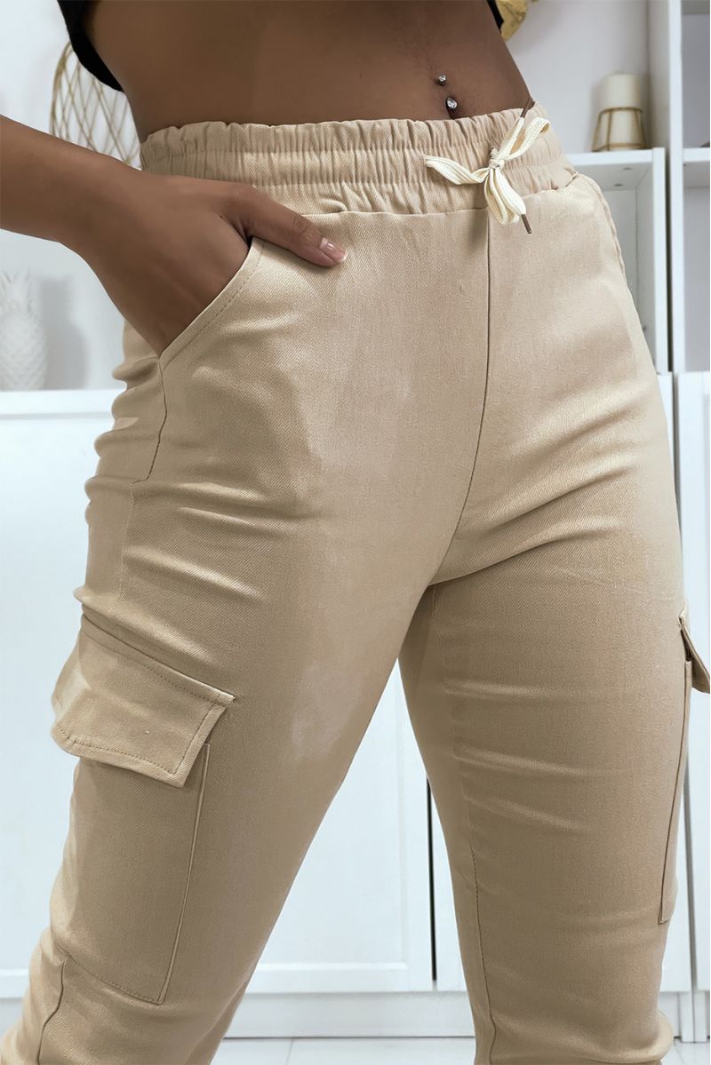 Pantalon cargo beige en stretch HL-478 - 4