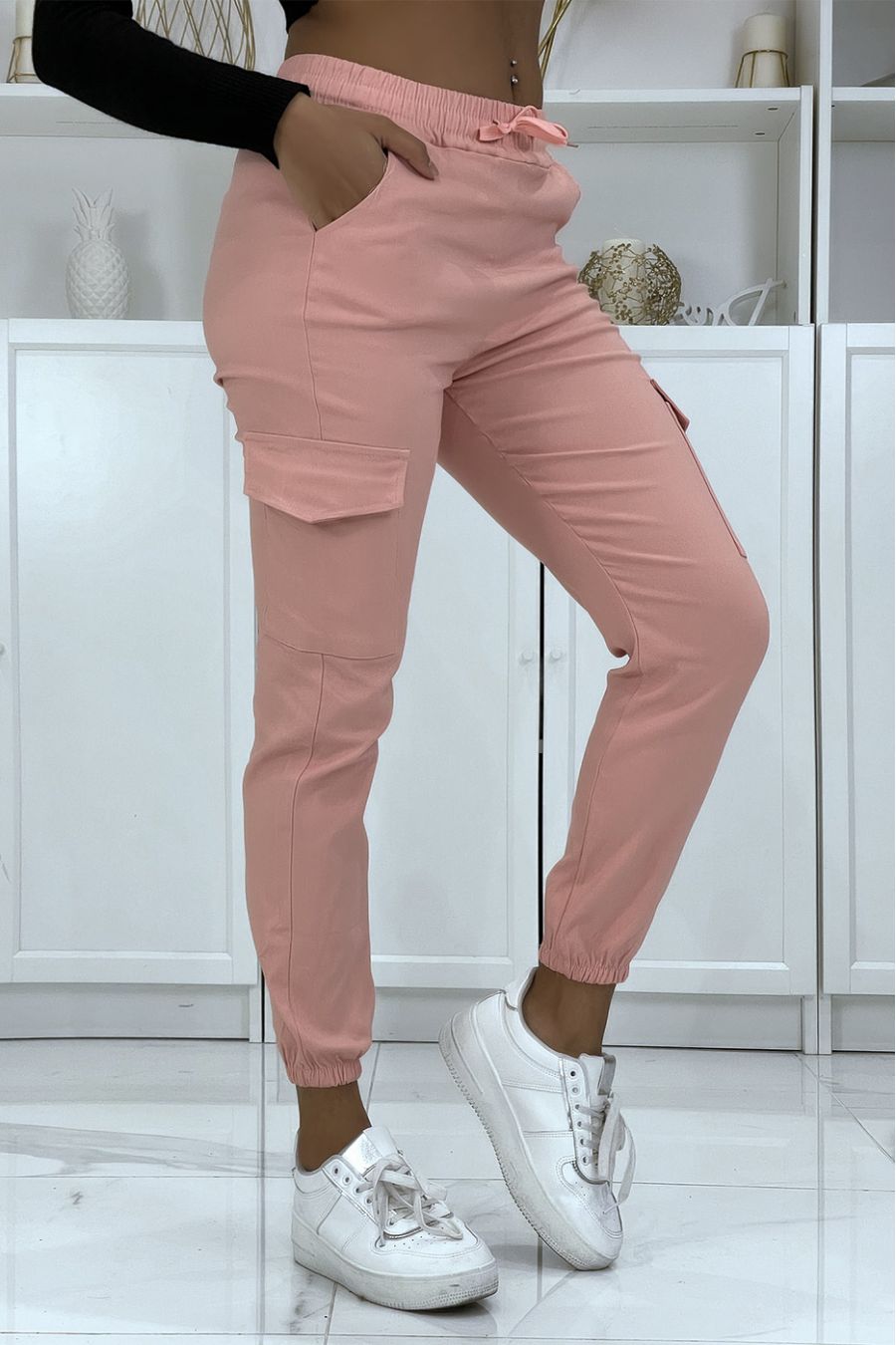 Pink stretch cargo pants HL-478 - 1