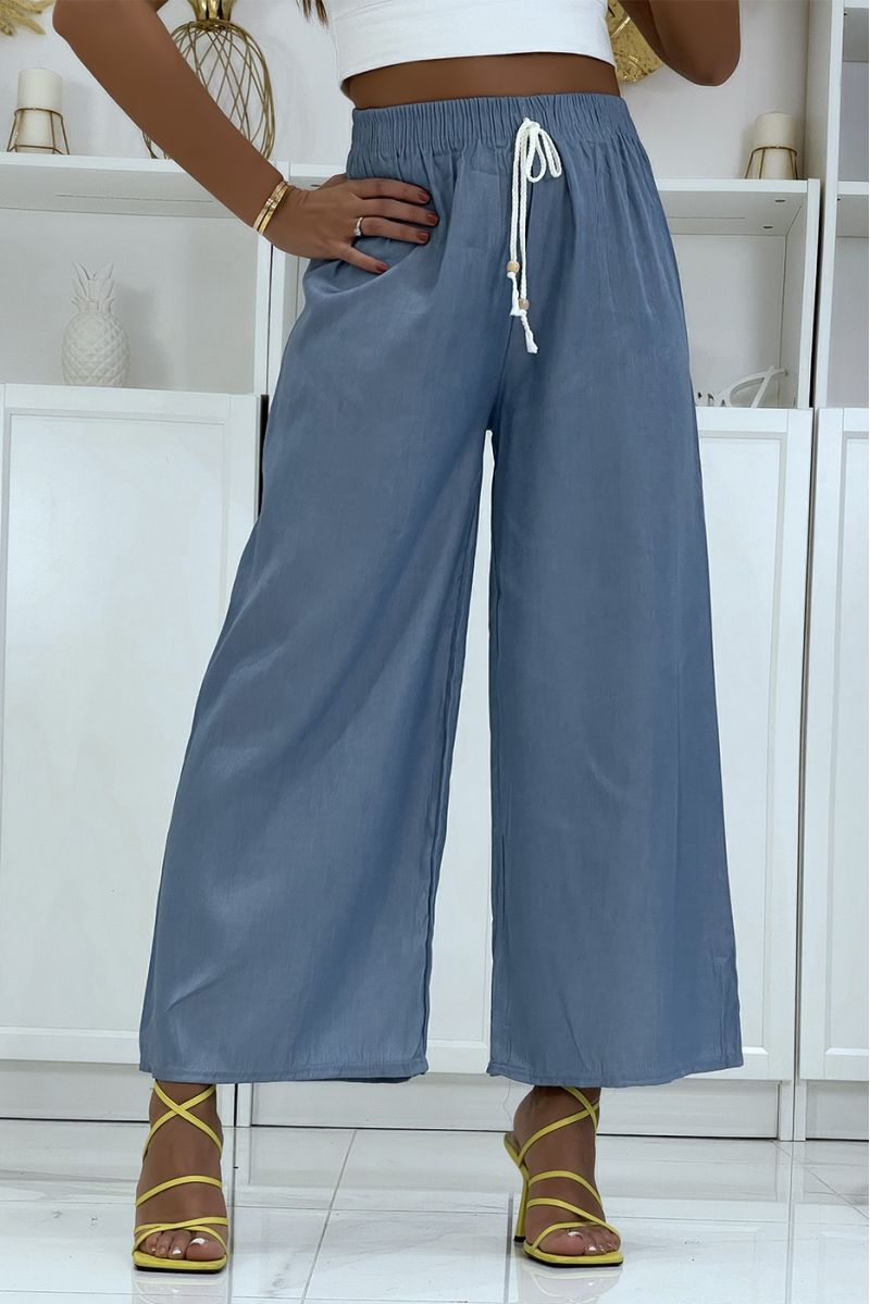 Very fluid turquoise palazzo trousers with denim effect HL-650 - 1 Very fluid turquoise palazzo trousers with denim effect HL-650 - 1