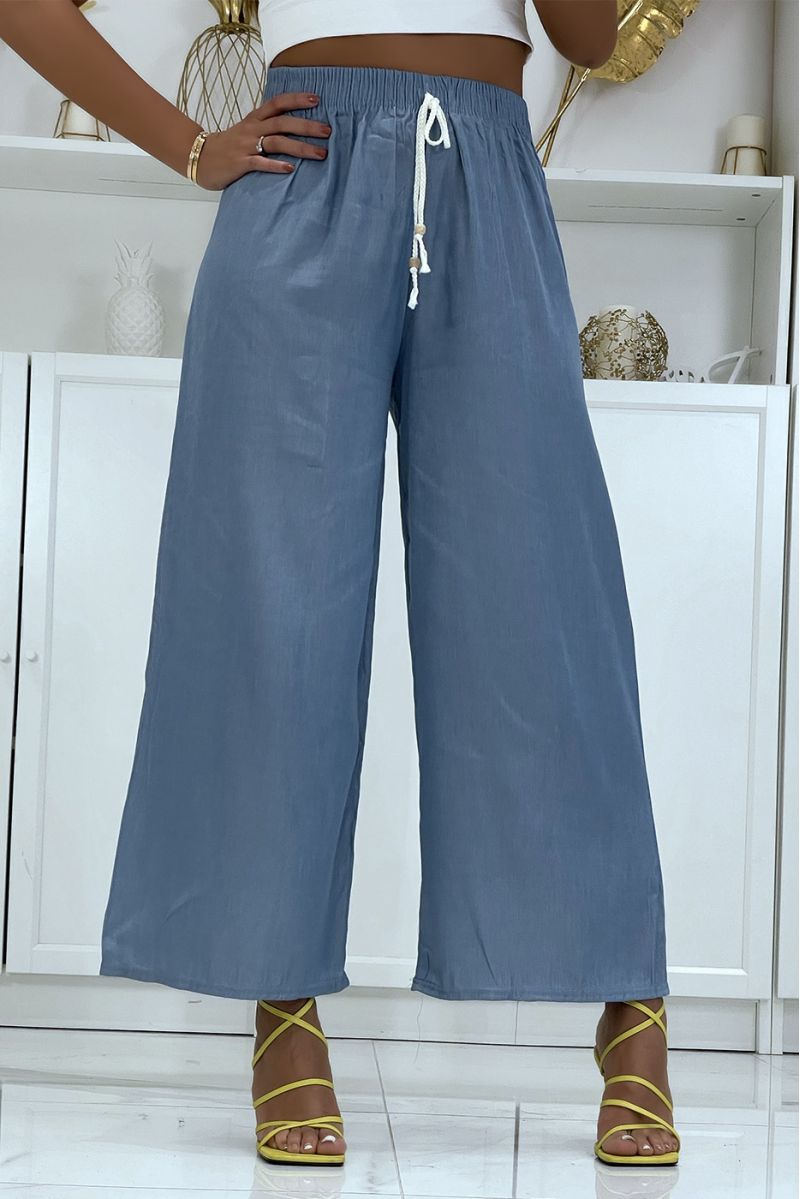 Very fluid turquoise palazzo trousers with denim effect HL-650 - 2 Very fluid turquoise palazzo trousers with denim effect HL-650 - 2