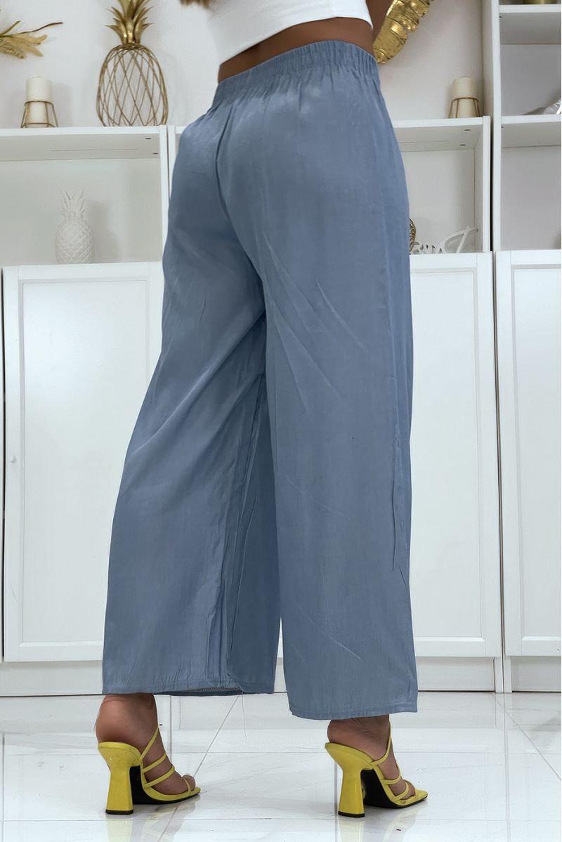 Very fluid turquoise palazzo trousers with denim effect HL-650 - 3 Very fluid turquoise palazzo trousers with denim effect HL-650 - 3