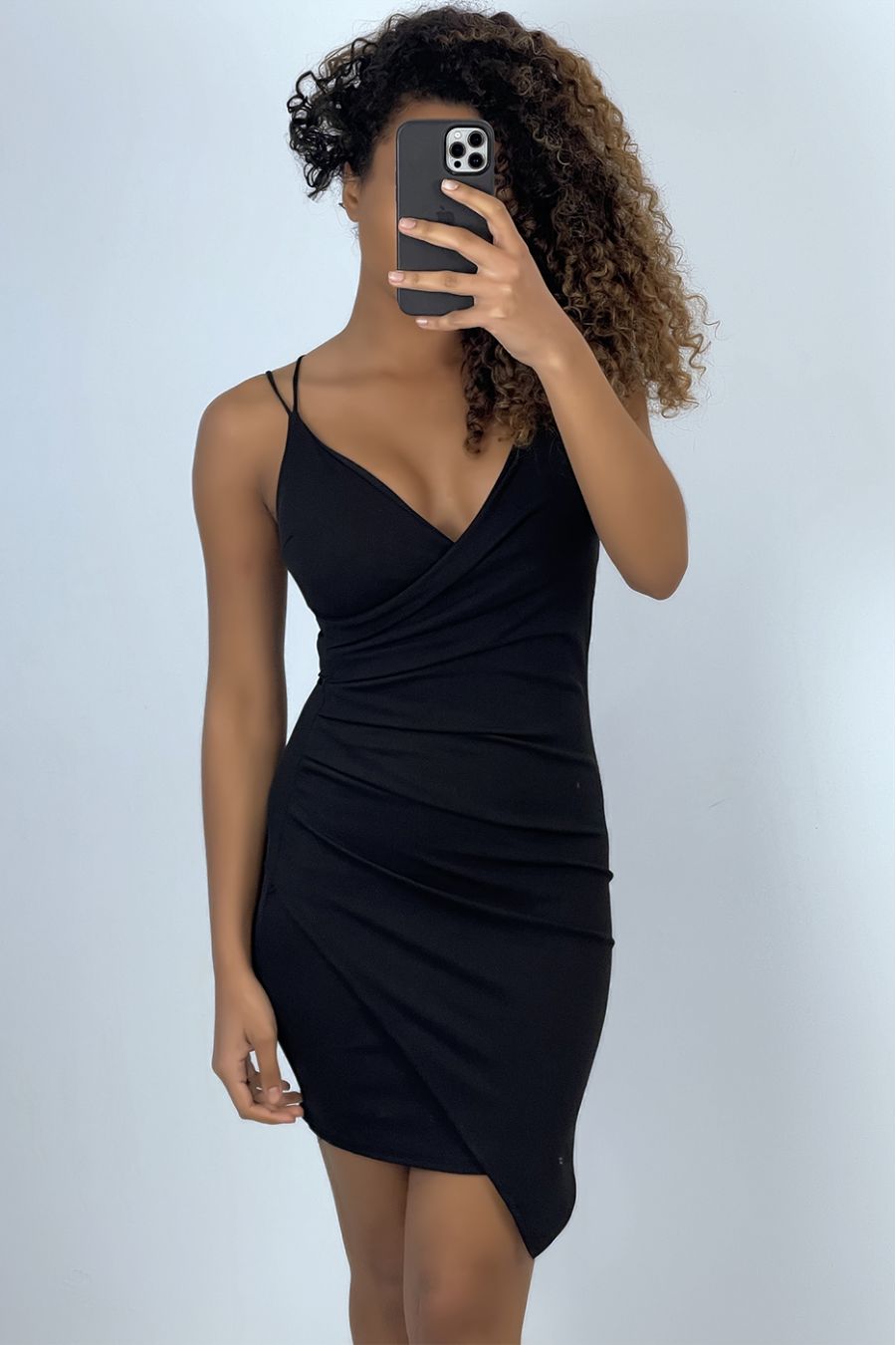 Black wrap dress in ribbed material - 1