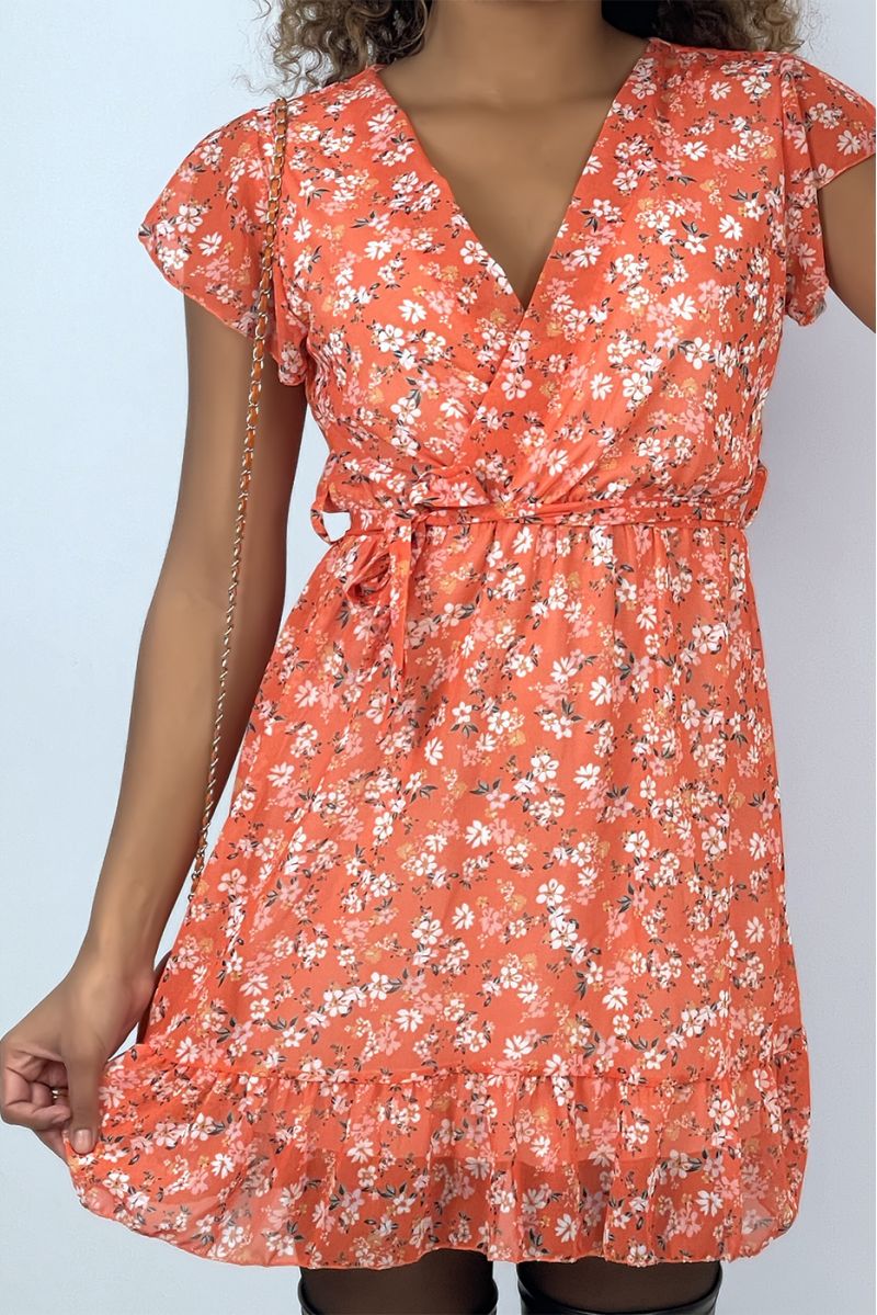 Orange floral wrap dress with liberty motif - 3