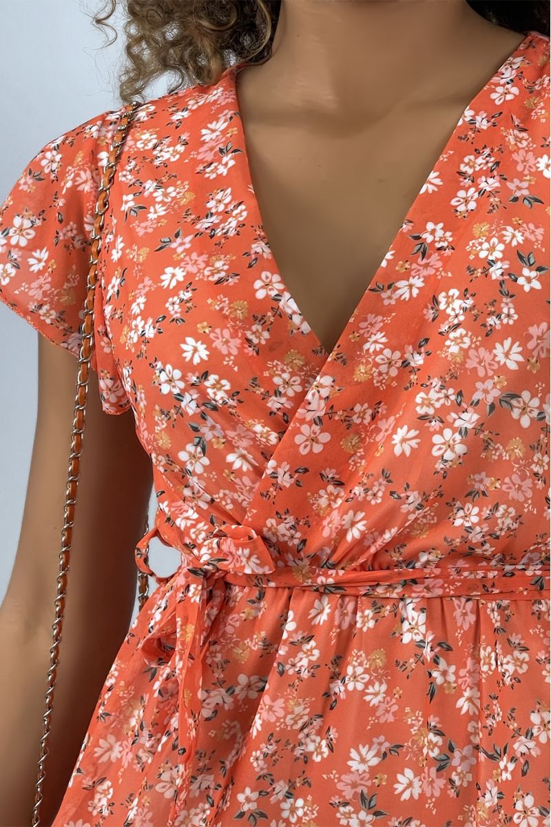 Orange floral wrap dress with liberty motif - 4