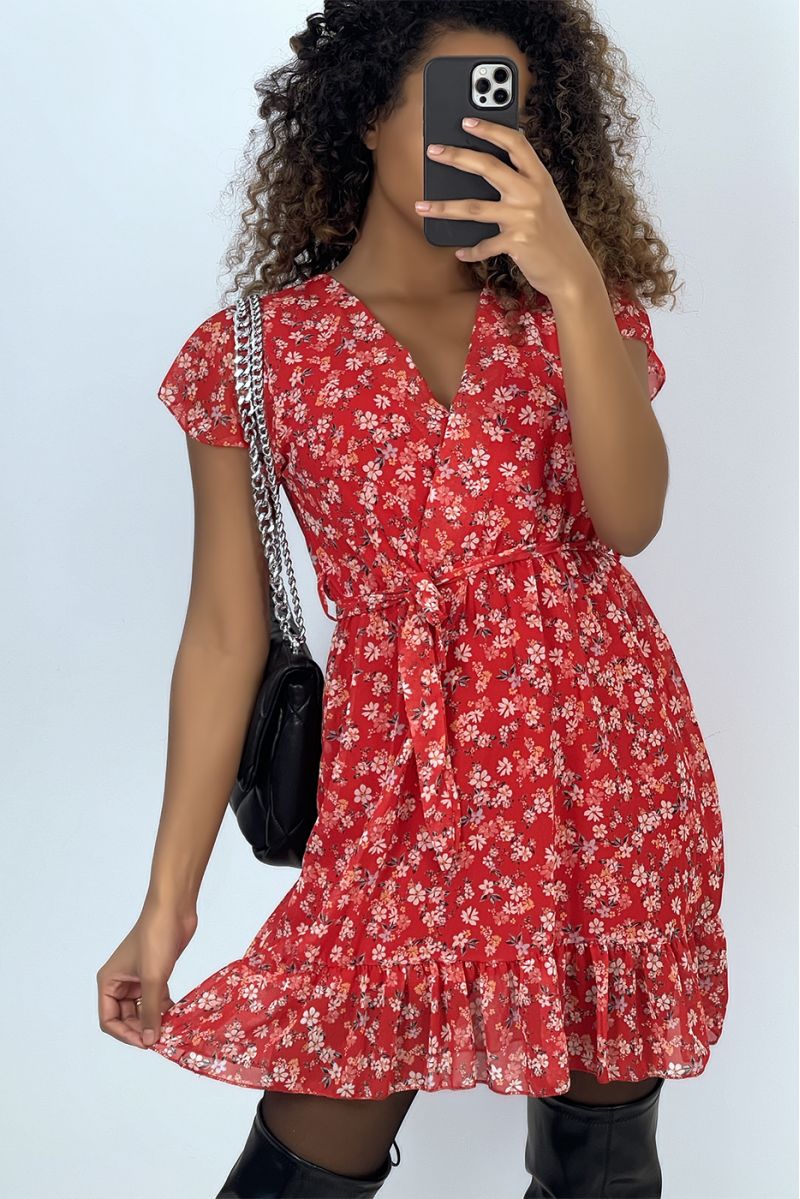 Red floral wrap dress with liberty motif - 1