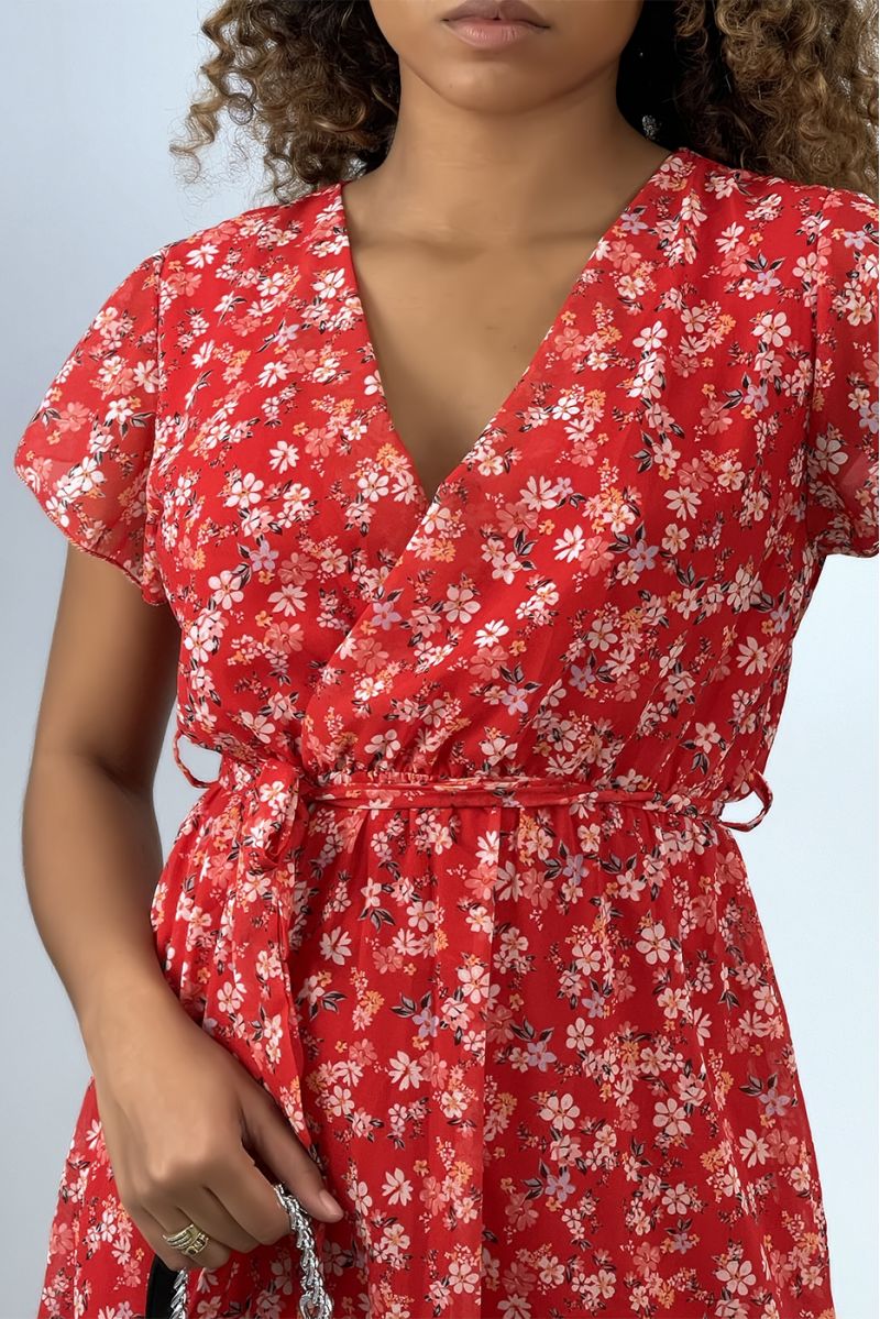 Red floral wrap dress with liberty motif - 4