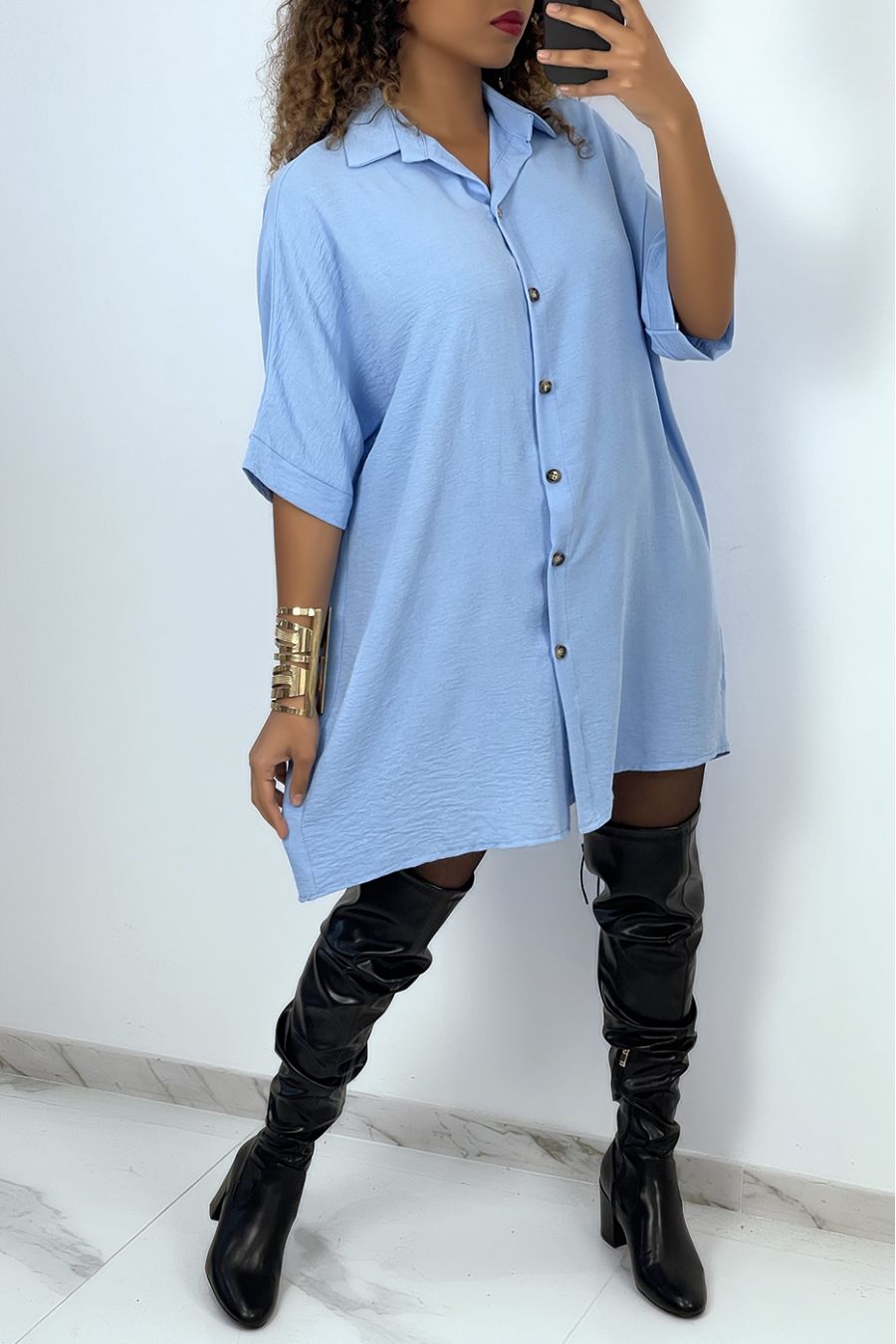 Oversized turquoise shirt dress with batwing sleeves