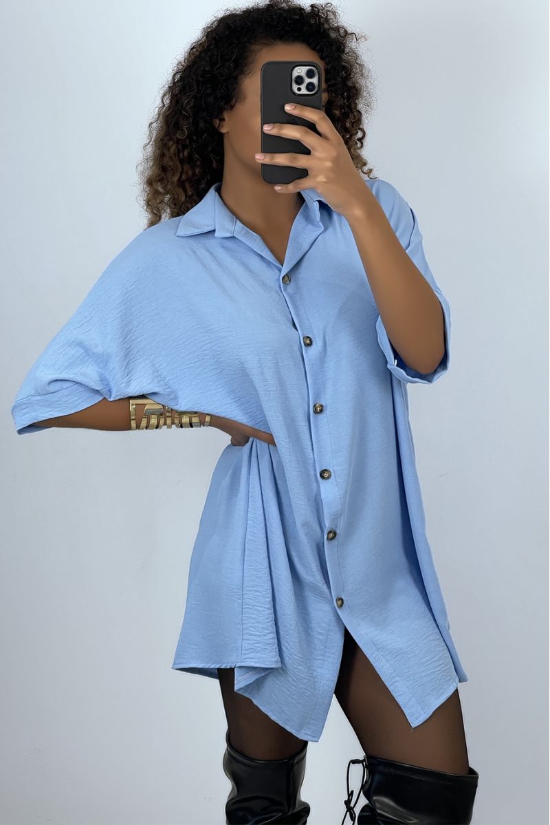 Oversized turquoise shirt dress with batwing sleeves - 4