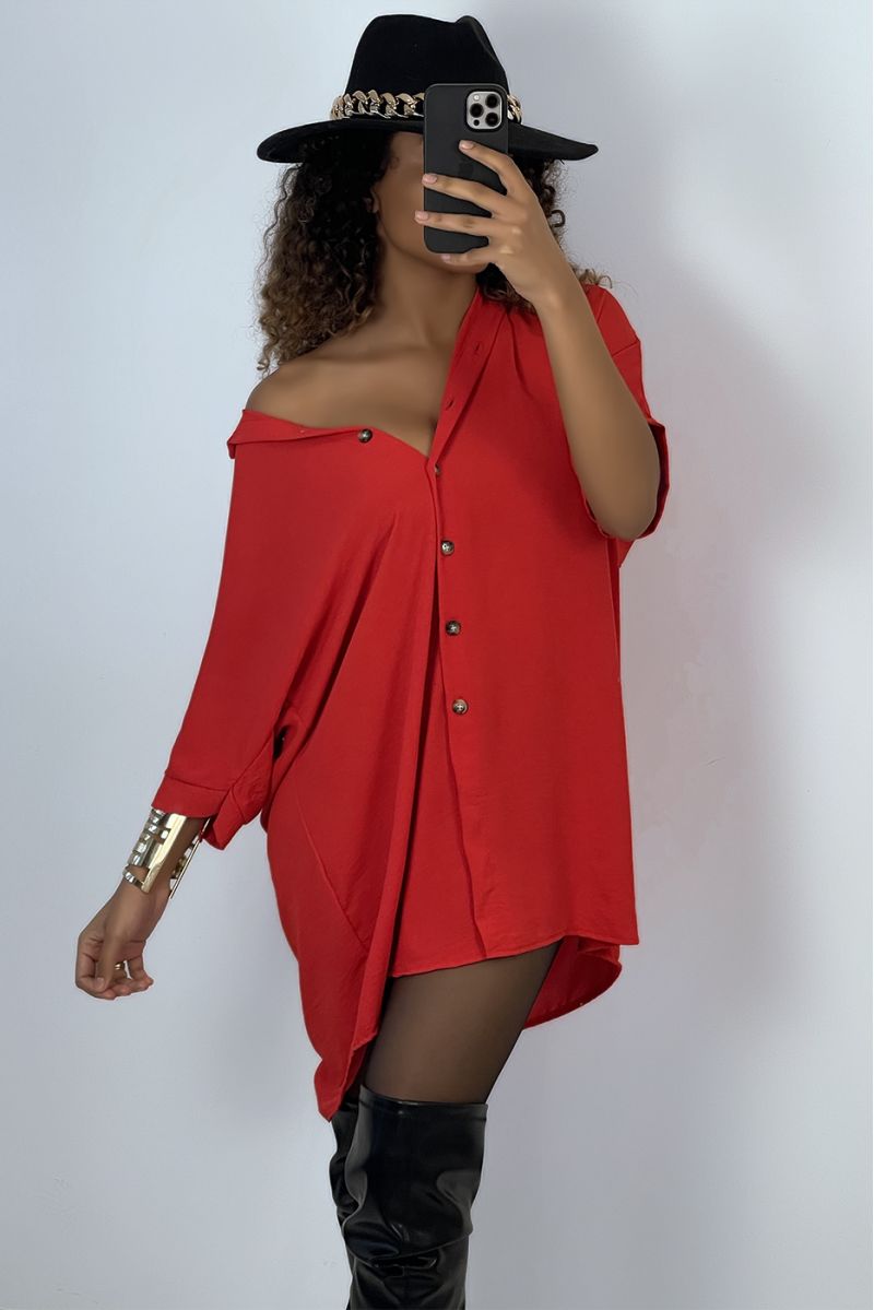 Robe chemise over size rouge manches chauve souris  - 1