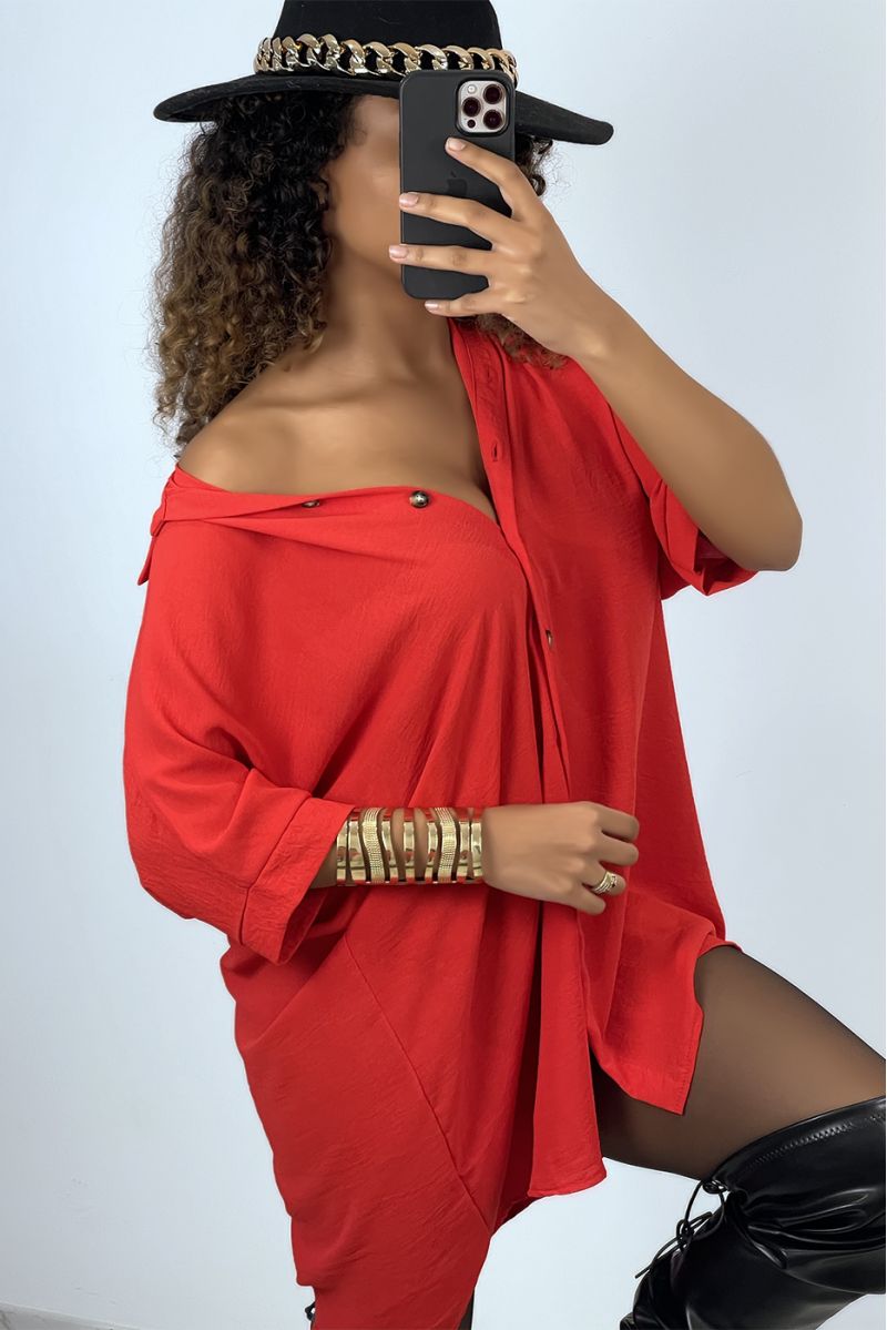 Robe chemise over size rouge manches chauve souris  - 2