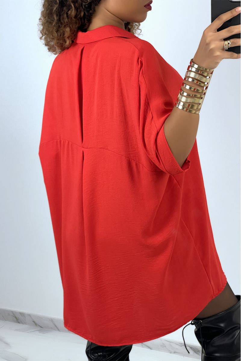 Robe chemise over size rouge manches chauve souris  - 4