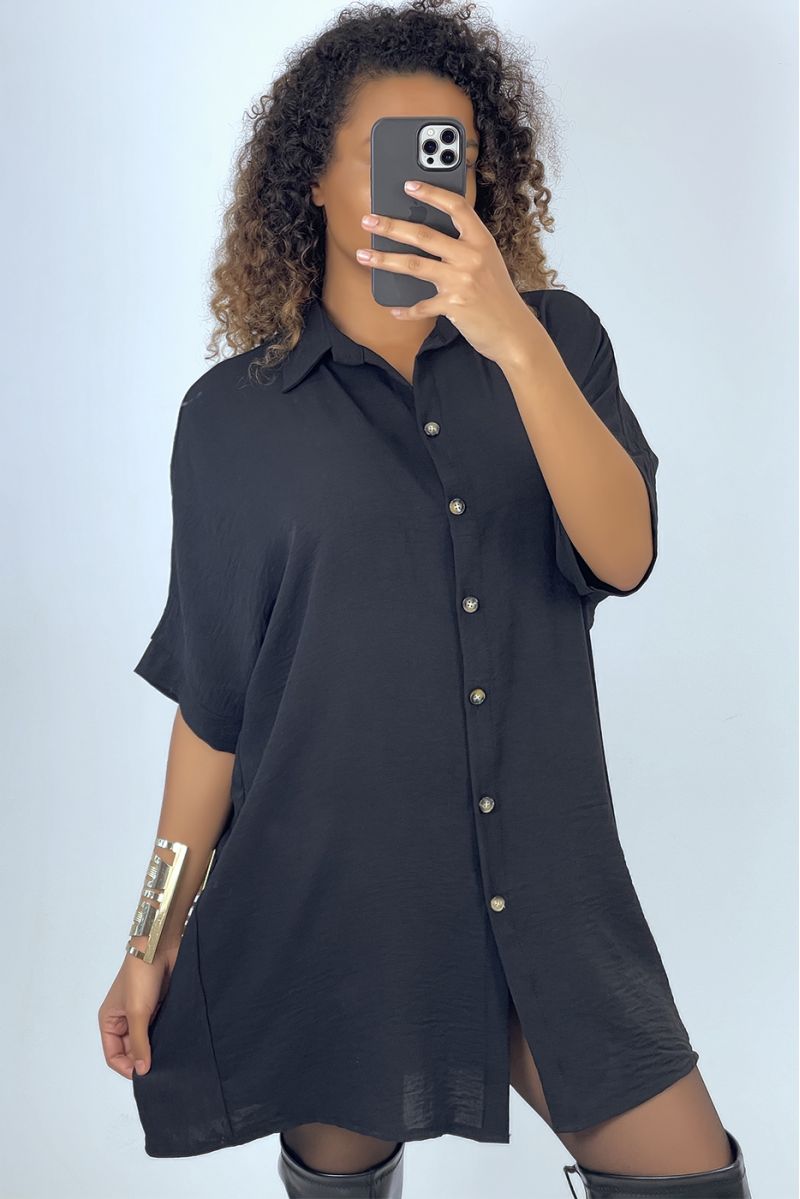 Robe chemise over size noire manches chauve souris  - 1