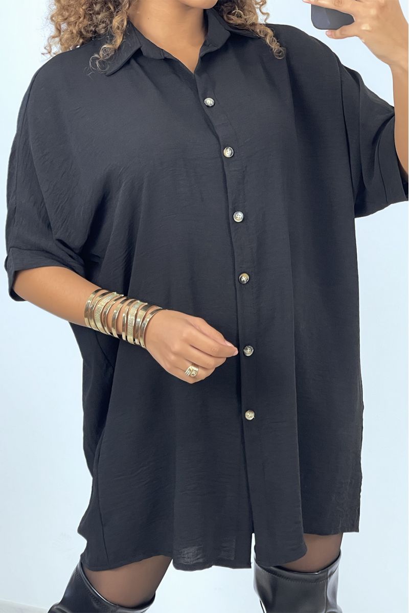 Oversized zwarte overhemdjurk met vleermuismouwen - 2