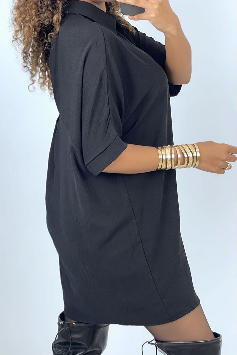 Robe chemise over size noire manches chauve souris  - 3