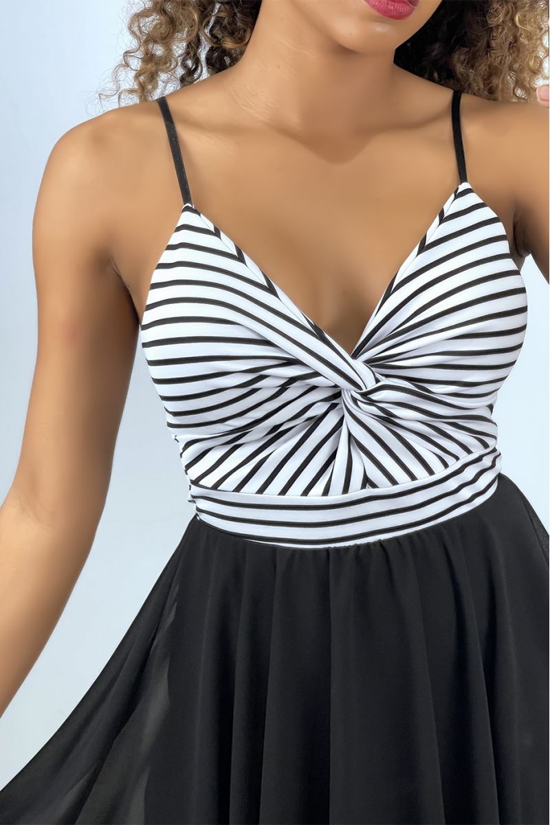 Zwart-witte gekruiste strapless matrozenjurk - 3