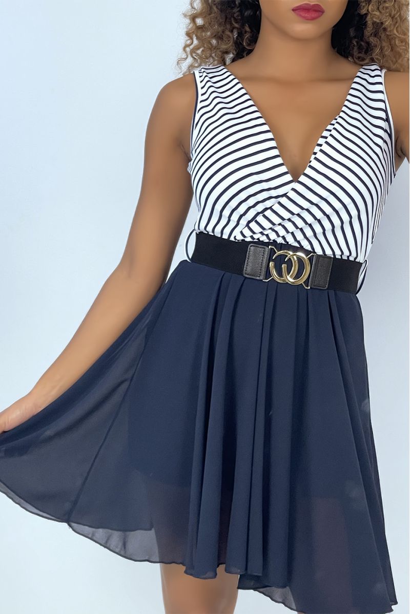 Marineblauwe en witte matrozenjurk met V-hals en riem - 1