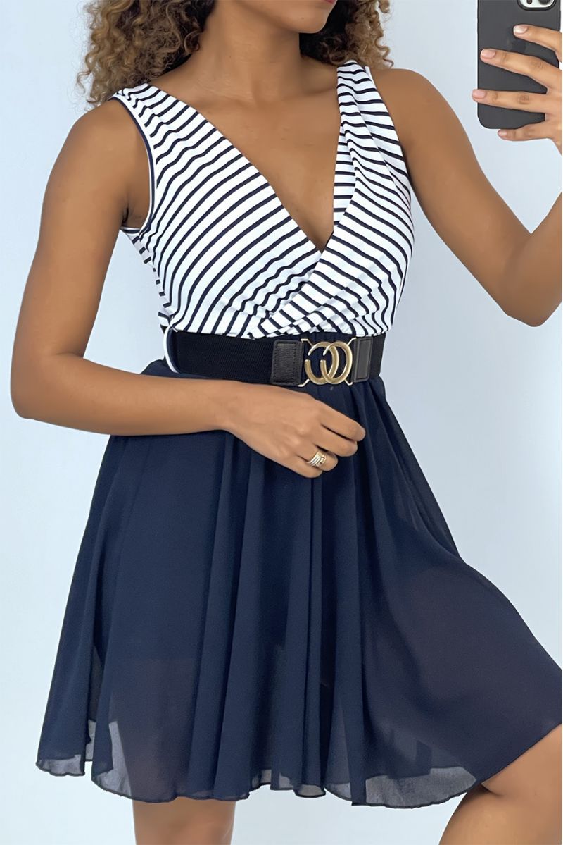 Marineblauwe en witte matrozenjurk met V-hals en riem - 2