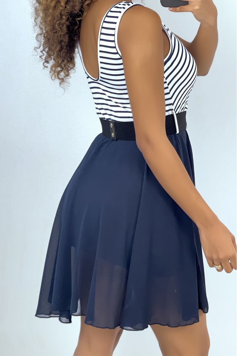 Marineblauwe en witte matrozenjurk met V-hals en riem - 3