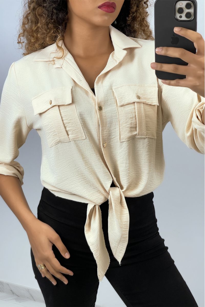 Beige shirt that ties with golden buttons - 1
