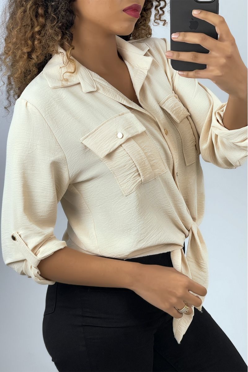 Beige shirt that ties with golden buttons - 2
