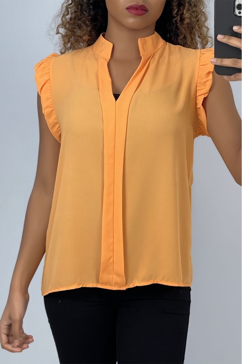 Blouse orange manches courtes à volants - 1