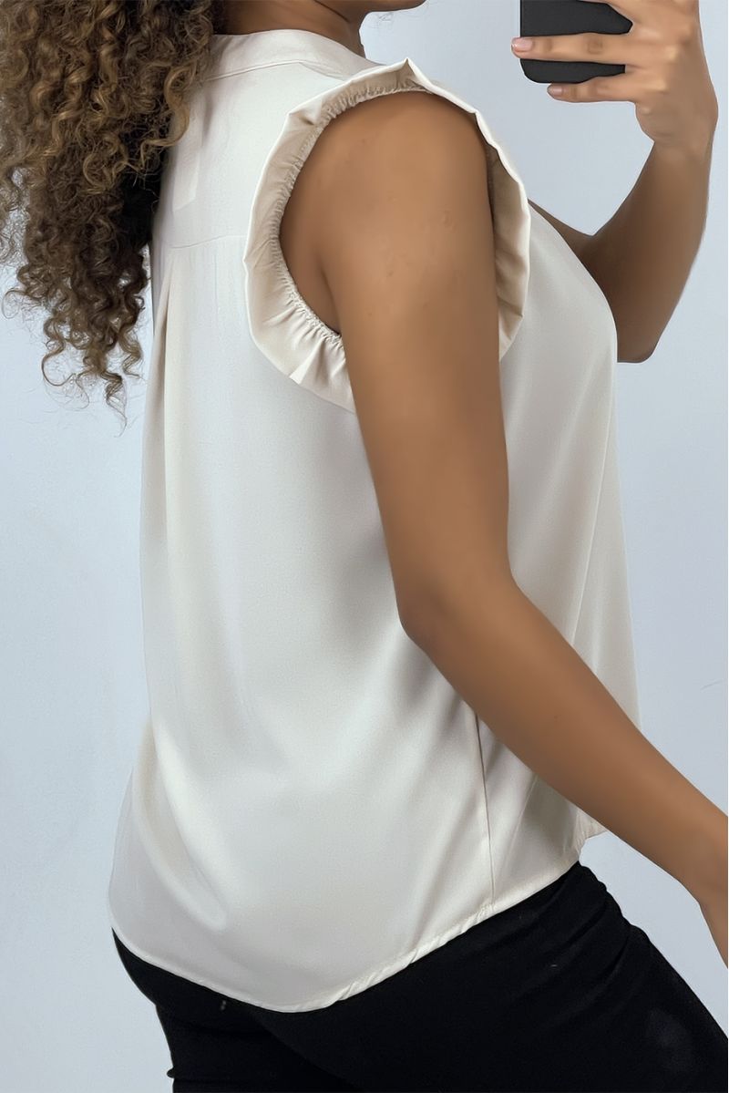 Beige blouse met korte mouwen en ruches - 3