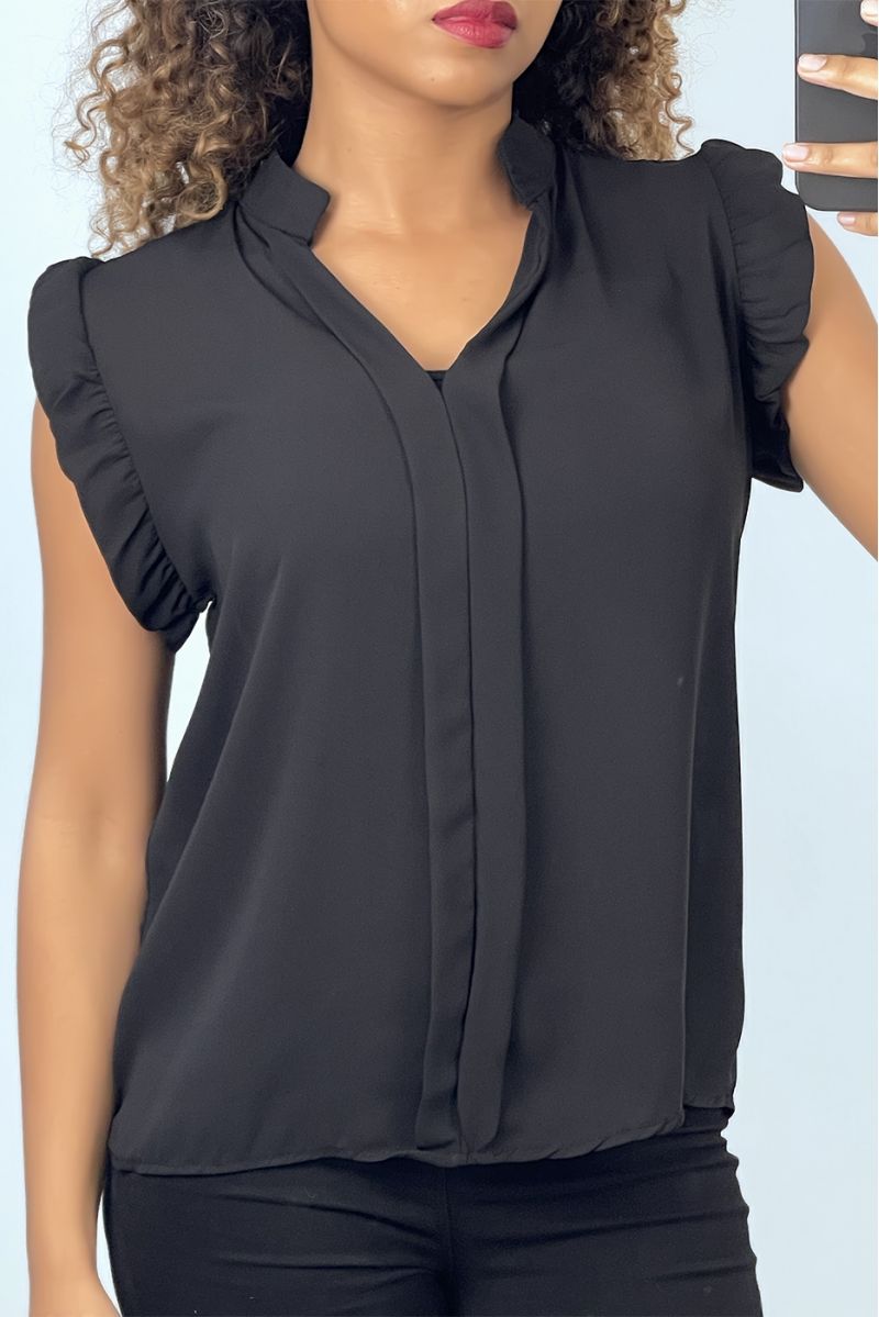 Blouse noire manches courtes à volants - 1