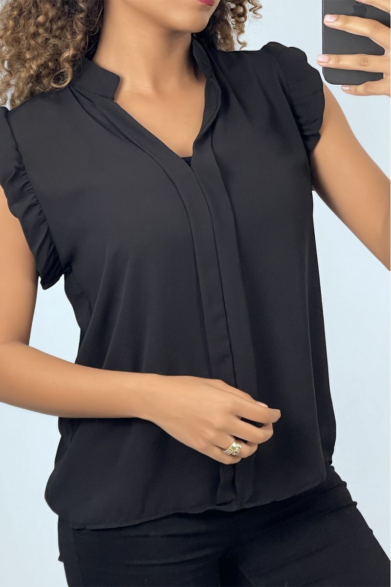 Blouse noire manches courtes à volants - 2