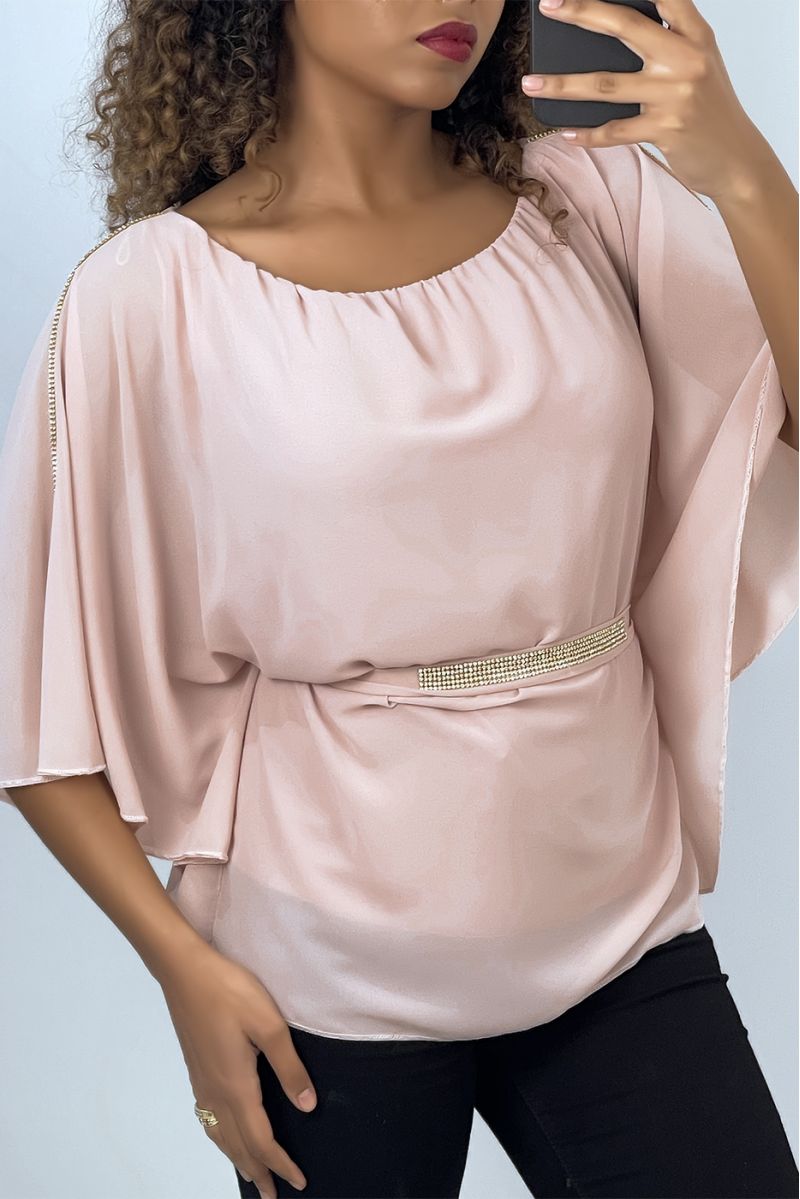 Pink top with batwing sleeves, belted at the waist - 1