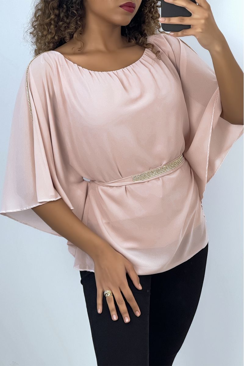Pink top with batwing sleeves, belted at the waist - 2