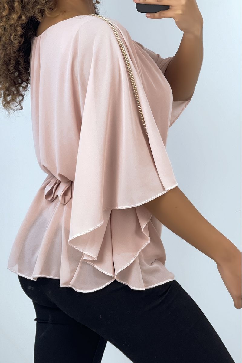Pink top with batwing sleeves, belted at the waist - 3