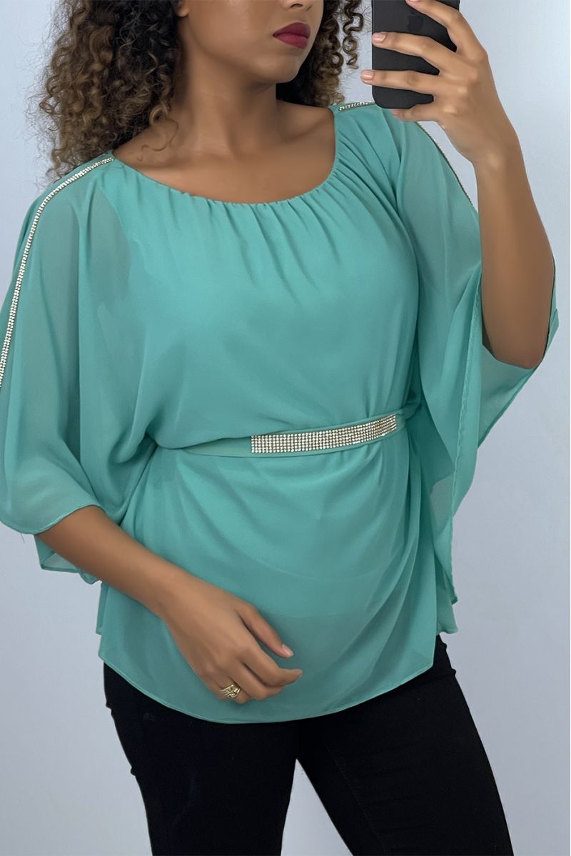 Zeegroene top met vleermuismouwen, ceintuur in de taille - 1 Zeegroene top met vleermuismouwen, ceintuur in de taille - 1
