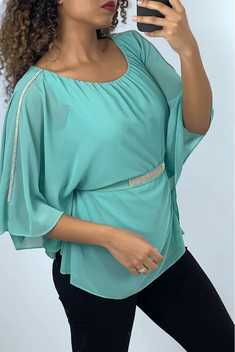 Zeegroene top met vleermuismouwen, ceintuur in de taille - 2 Zeegroene top met vleermuismouwen, ceintuur in de taille - 2